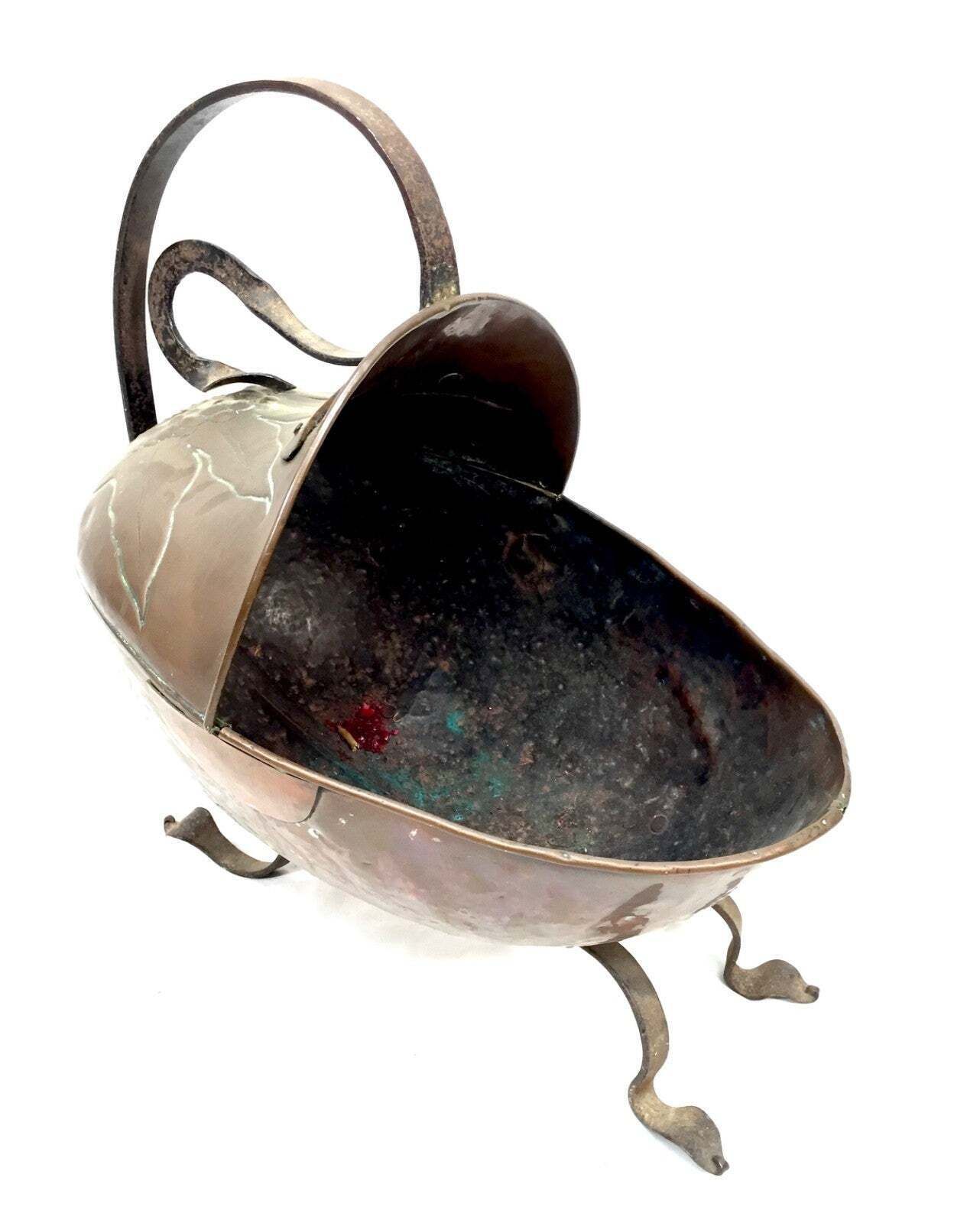 Antique Copper Coal Helemt Scuttle With Brass Legs Art Nouveau / 19th Century photo vinterior