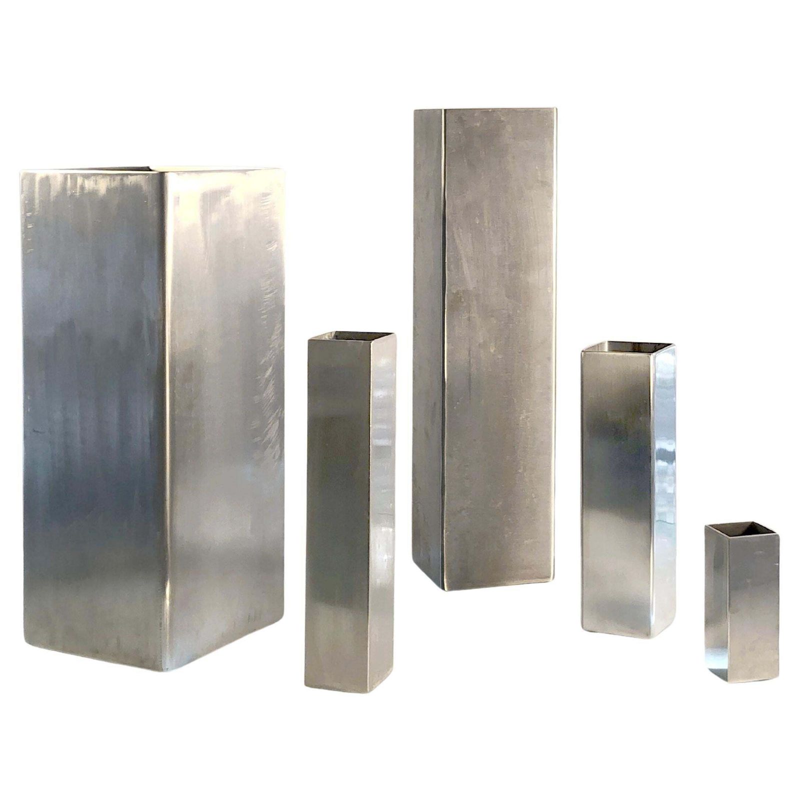 Set Of 5 Radical & Postmodern Architectural Metal Vases, By Kappa, France 1970