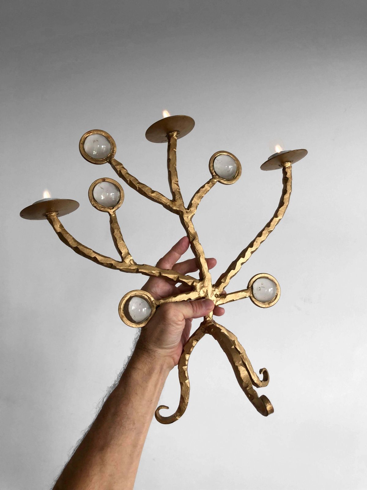 photo vintage Brutalist Golden Shabby Chic Candelabra Candlestick In Wrought Iron, France 2001