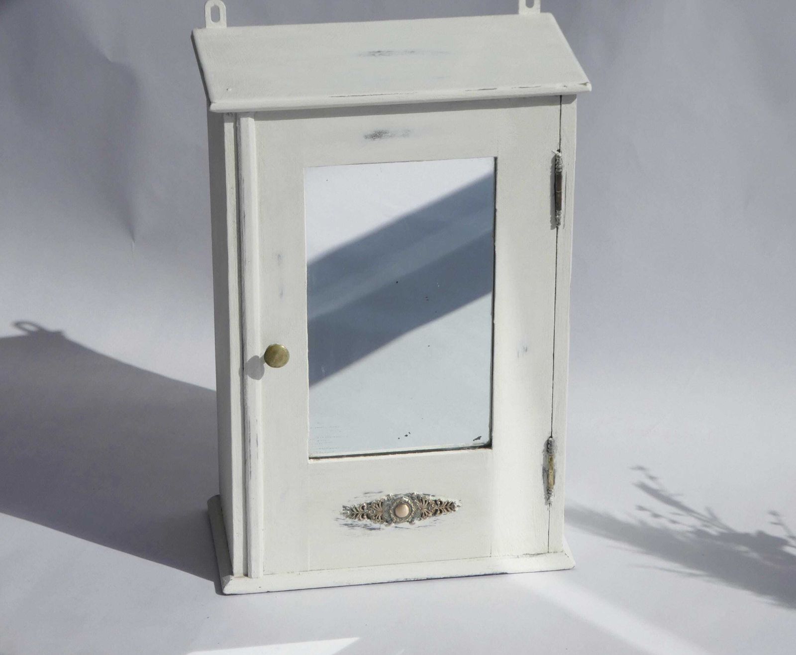 Antique Shabby White Mirror Medicine Cabinet, Small Rustic Apothecary With Brass Details, French Chest With Shelf photo furniture