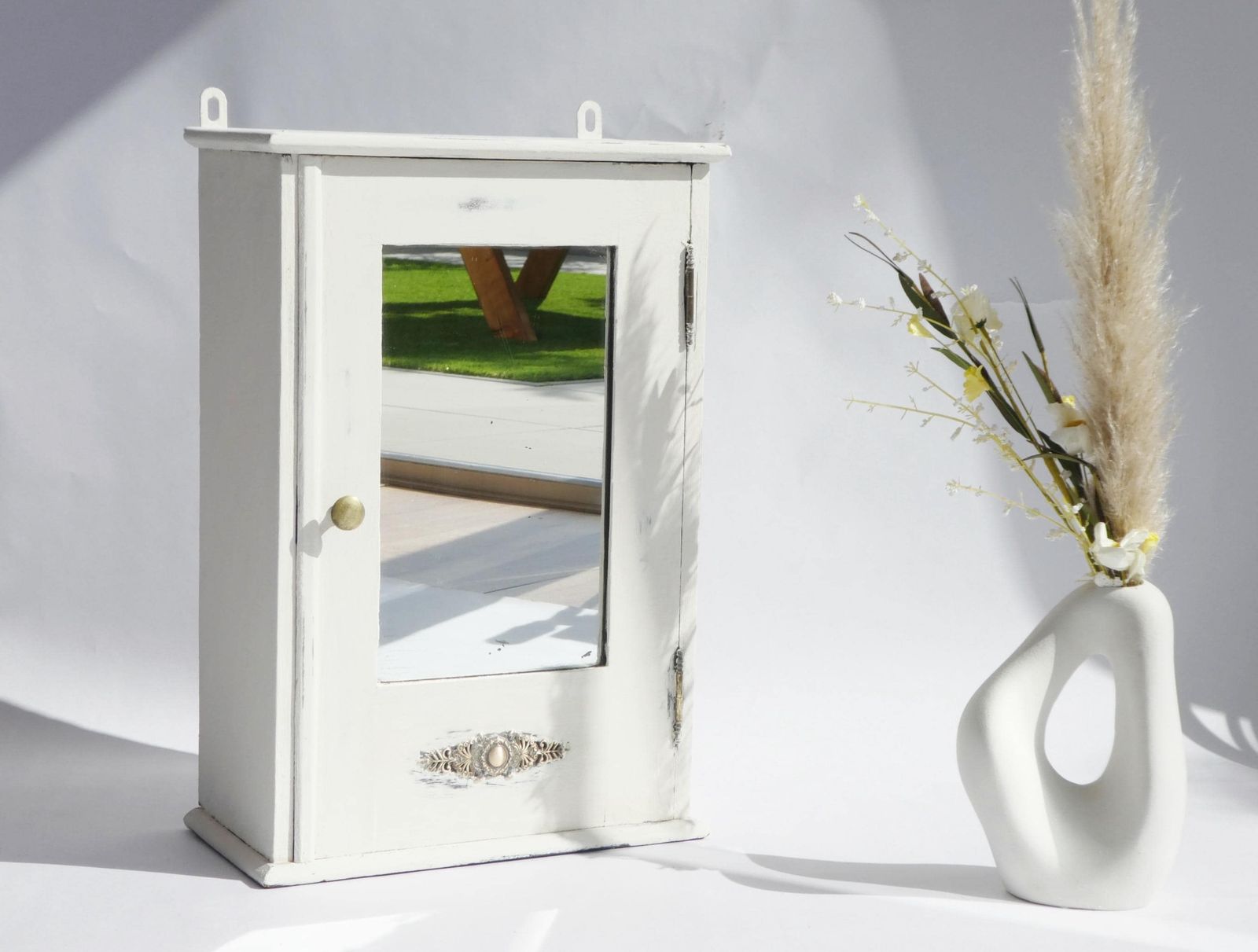 Antique Shabby White Mirror Medicine Cabinet, Small Rustic Apothecary With Brass Details, French Chest With Shelf photo 267.0