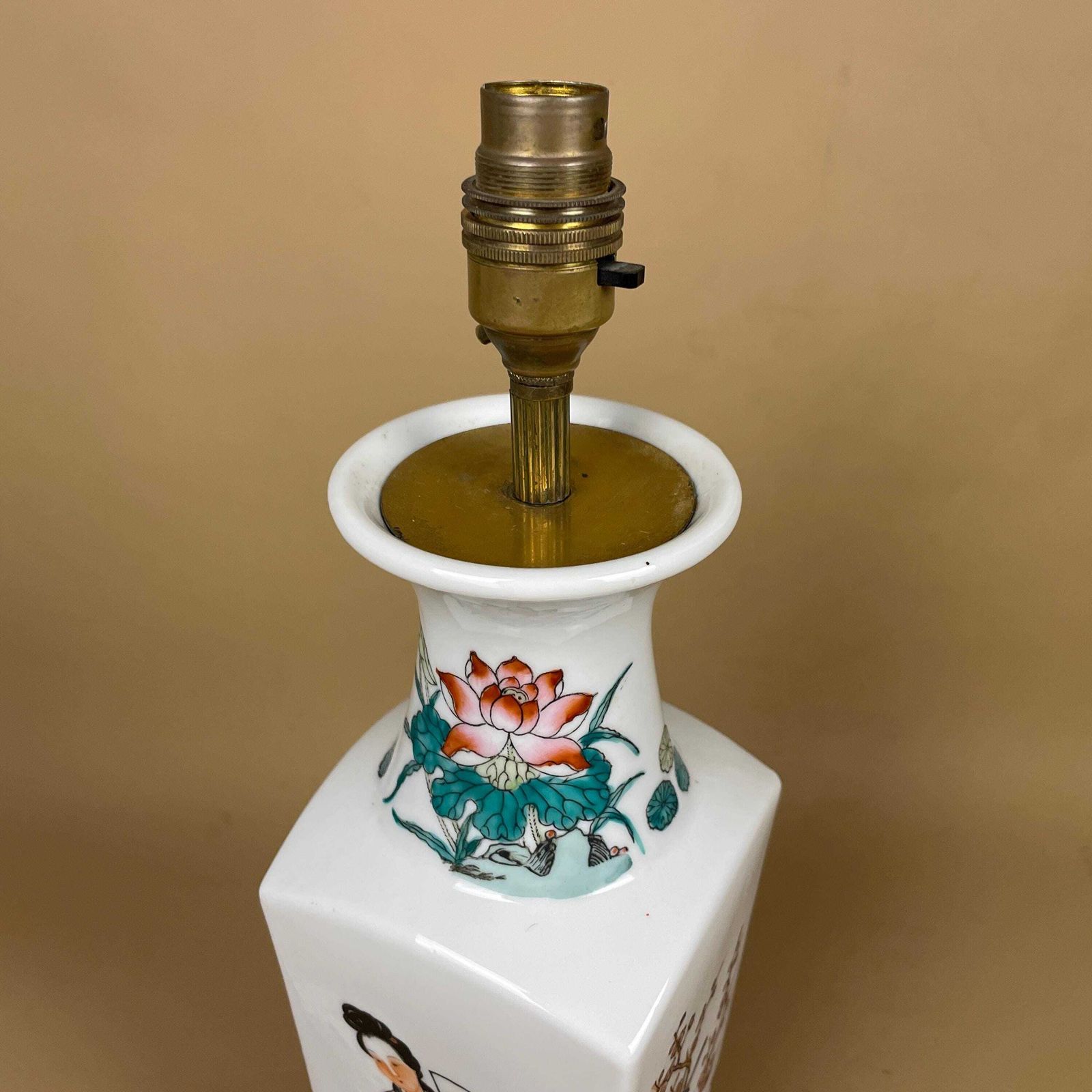 Vintage Ceramic Lamp Light Bedside Table Hand Painted Floral Design Pattern Wood Base Oriental Japanese Vase White Antique Brass Ginger Jar photo 85.0