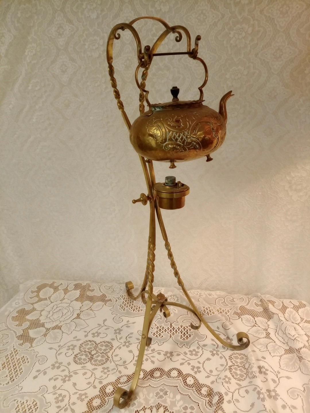 Antique Brass Spirit Kettle On Stand
