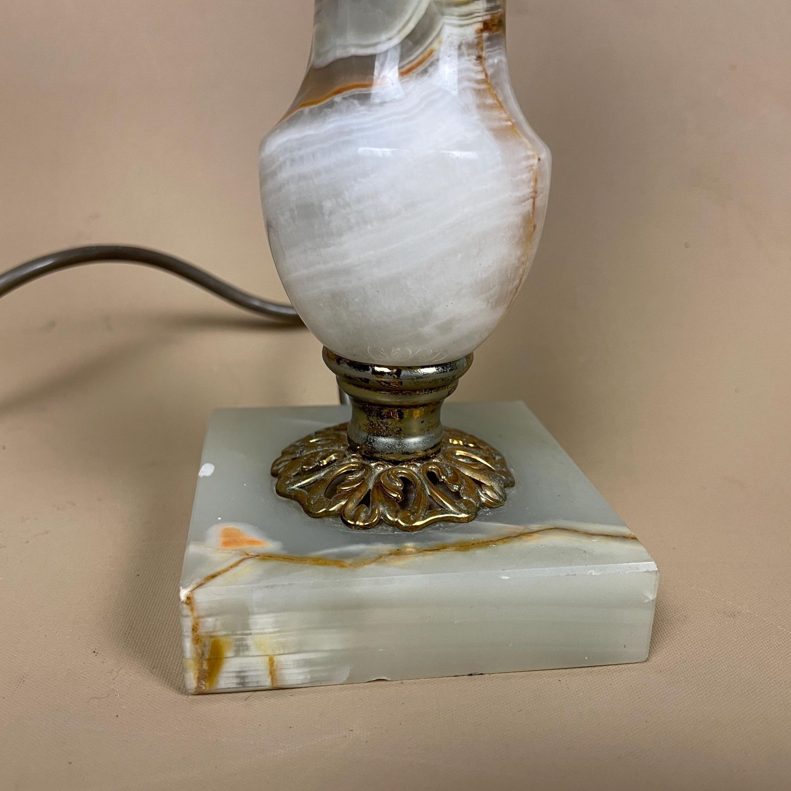 Antique Marble Lamp Light Bedside Side Table Desk Marbled Patterned Detail Vintage Pattern Stone Retro Green Gold Brass Metal Ornate Pattern photo furniture