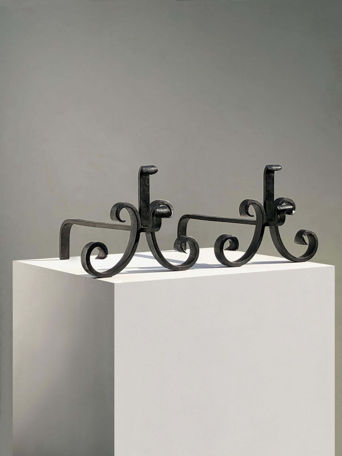 Home Fixtures Pair Of Brutalist Neoclassical Shabby Chic Wrought Iron Andirons, France 1960 photo