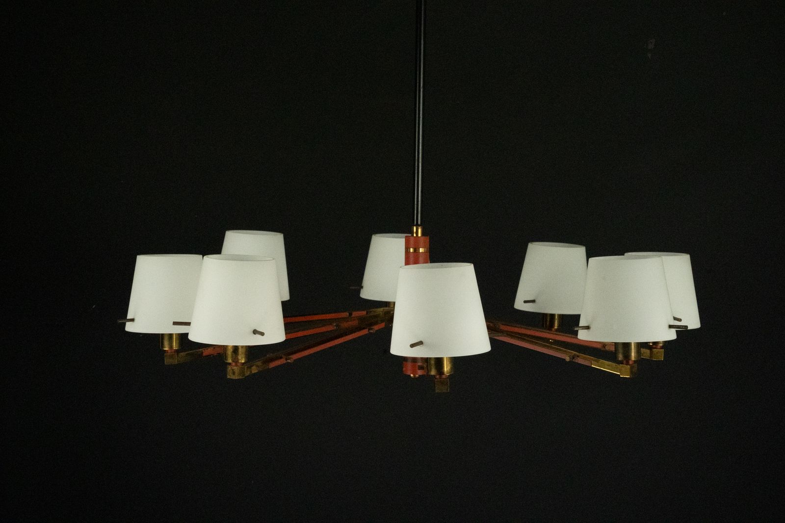 Mid Century 8 Arms Stilnovo Chandelier In Opaline, Brass And Red Lacquer. Italy 1950s photo Lighting