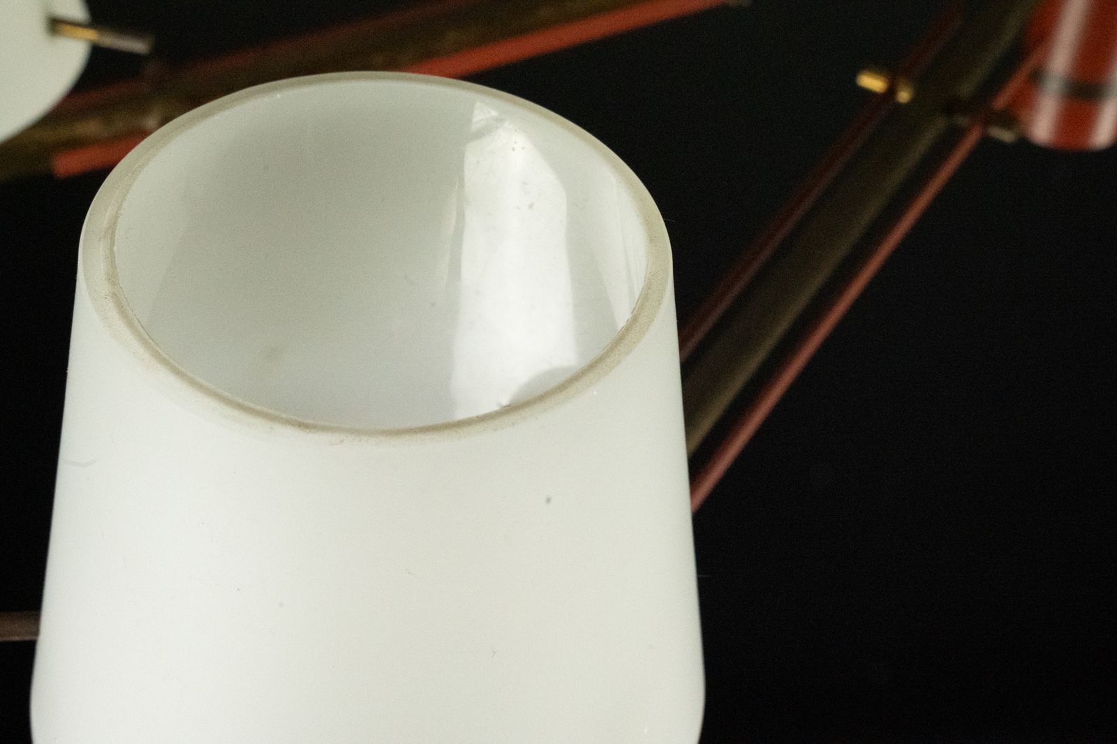 Mid Century 8 Arms Stilnovo Chandelier In Opaline, Brass And Red Lacquer. Italy 1950s photo vintage