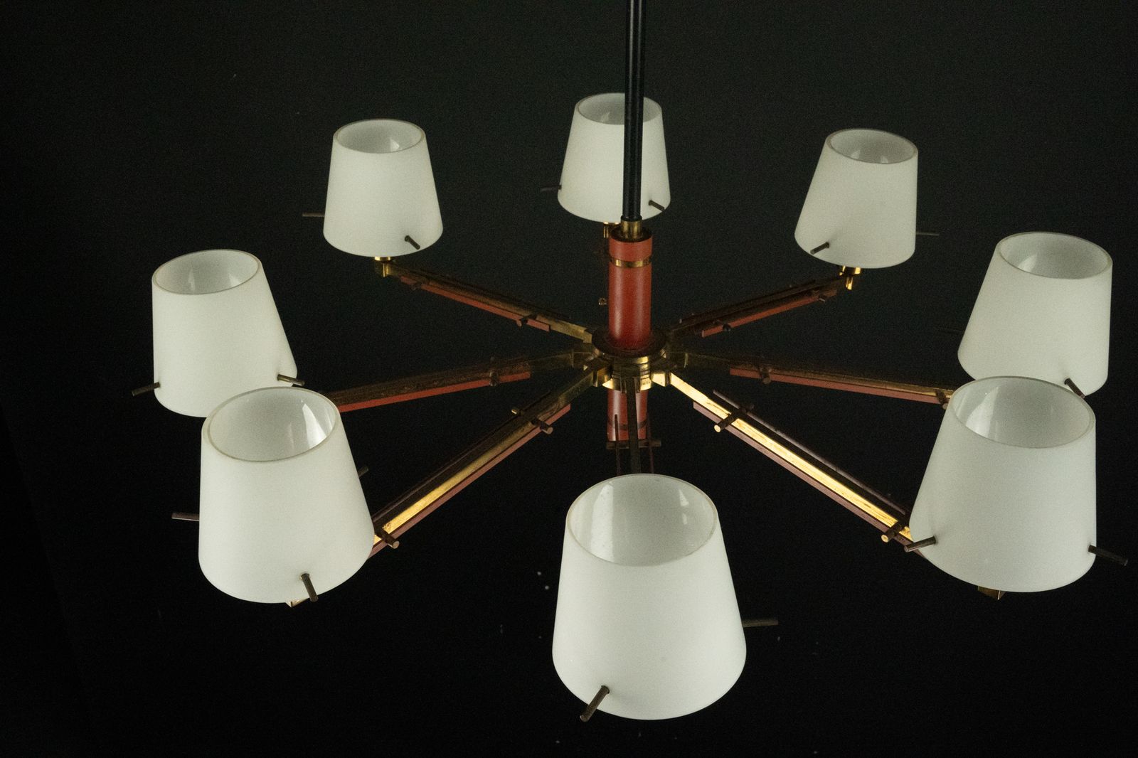 Lighting Mid Century 8 Arms Stilnovo Chandelier In Opaline, Brass And Red Lacquer. Italy 1950s photo