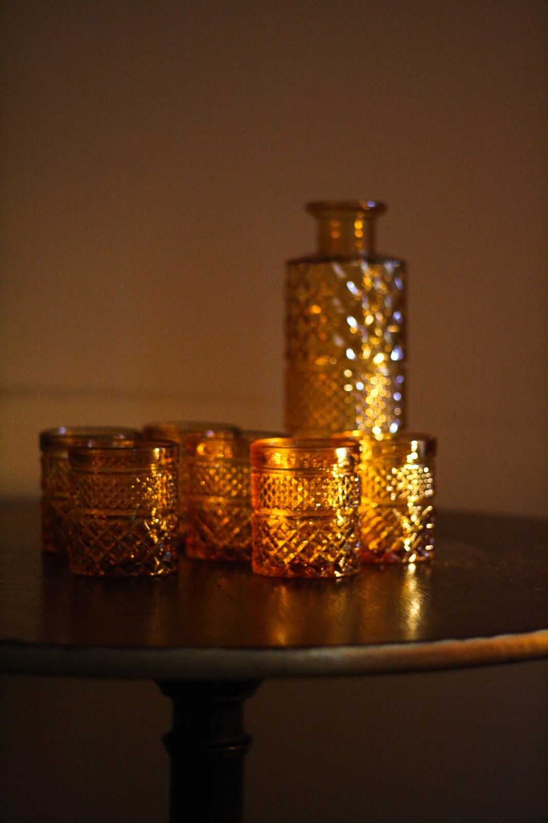 Vintage Amber Cut Glass Carafe & 6 Tumblers | Mid Century Barware Set