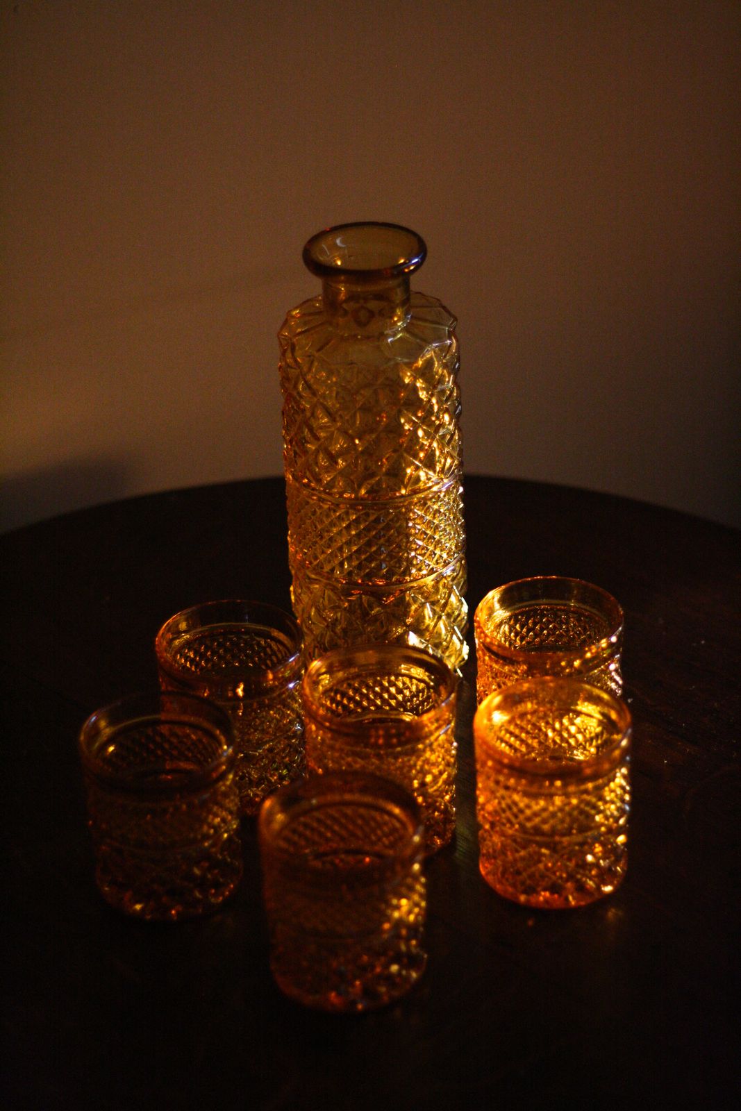 Vintage Amber Cut Glass Carafe & 6 Tumblers | Mid Century Barware Set photo furniture