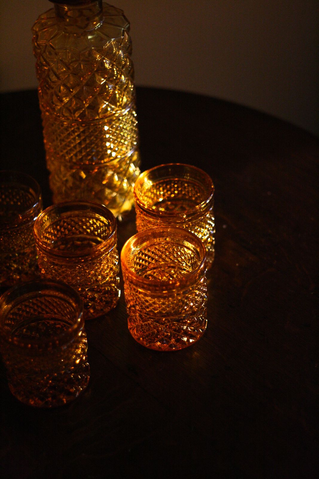 Vintage Amber Cut Glass Carafe & 6 Tumblers | Mid Century Barware Set photo Home Decor