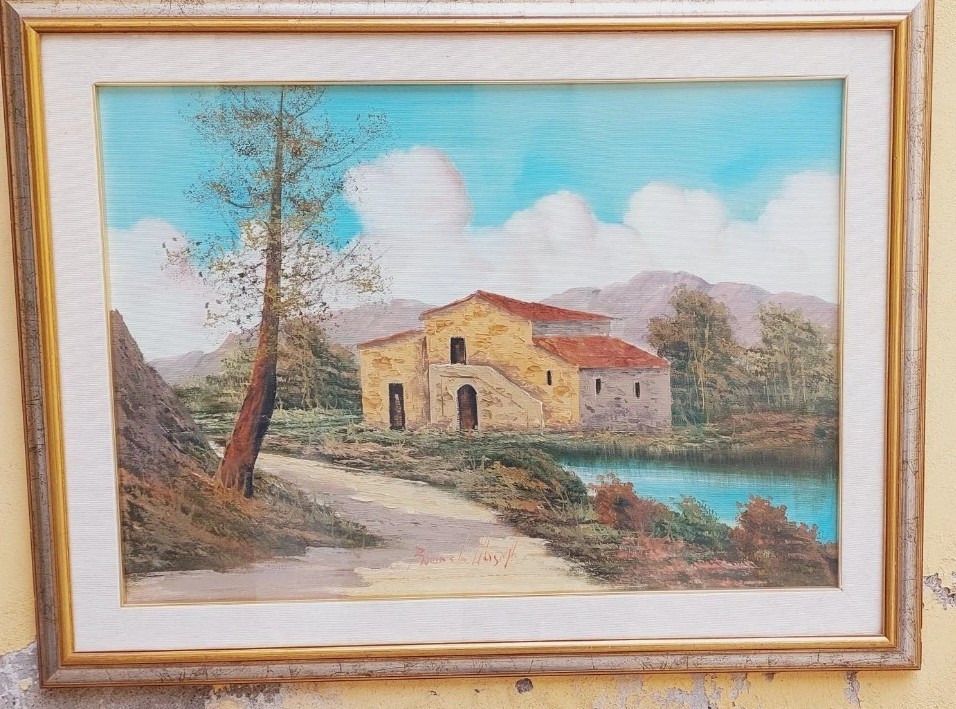 Oil Painting On Canvas Tuscan Landscape R.Morelli 50x70s 60s/70s photo furniture