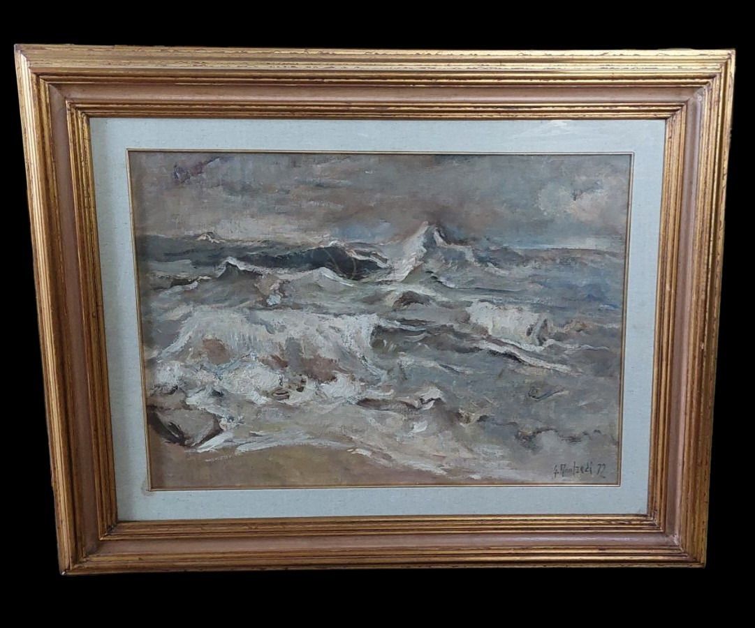Giuseppe Manfredi (1934 1987) Marina Oil Painting Cardboard Canvas 70 X 50