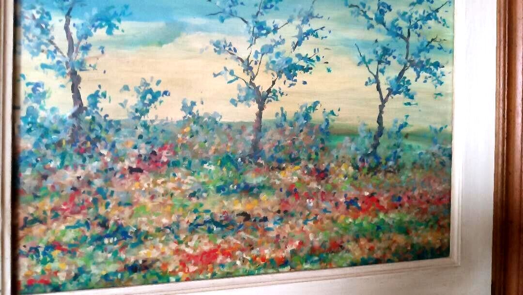 Oil Painting On Board Landscape Countryside Flowery Meadow Signed And Dated photo vinterior