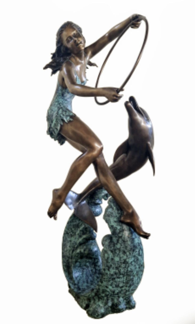 Outstanding Bronze Girl Dolphin Trainer Water Fountain   Delivery Available 0260. photo buy