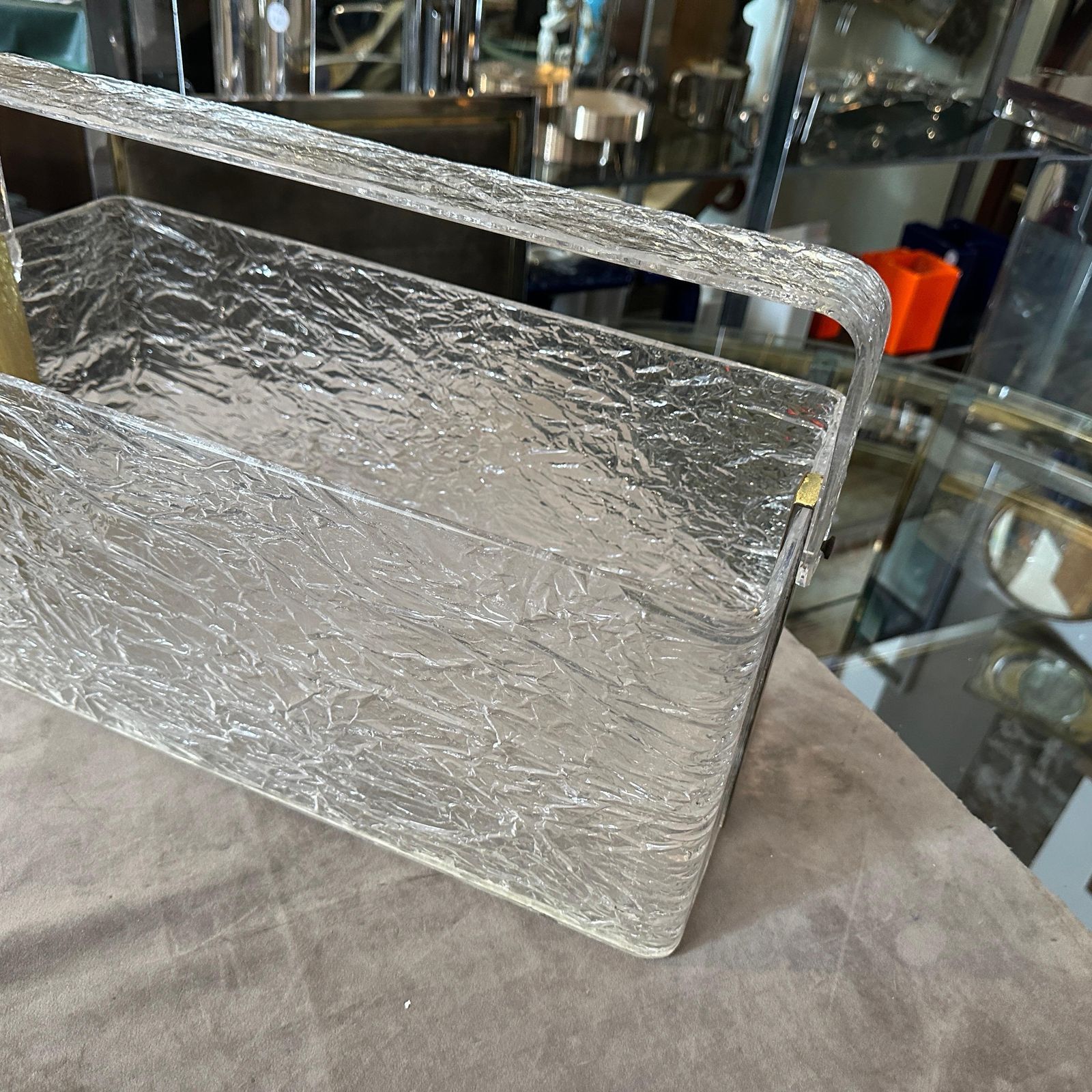 1980s Modern Iced Lucite And Brass Italian Design Magazine Rack By Cavinato photo Home Decor
