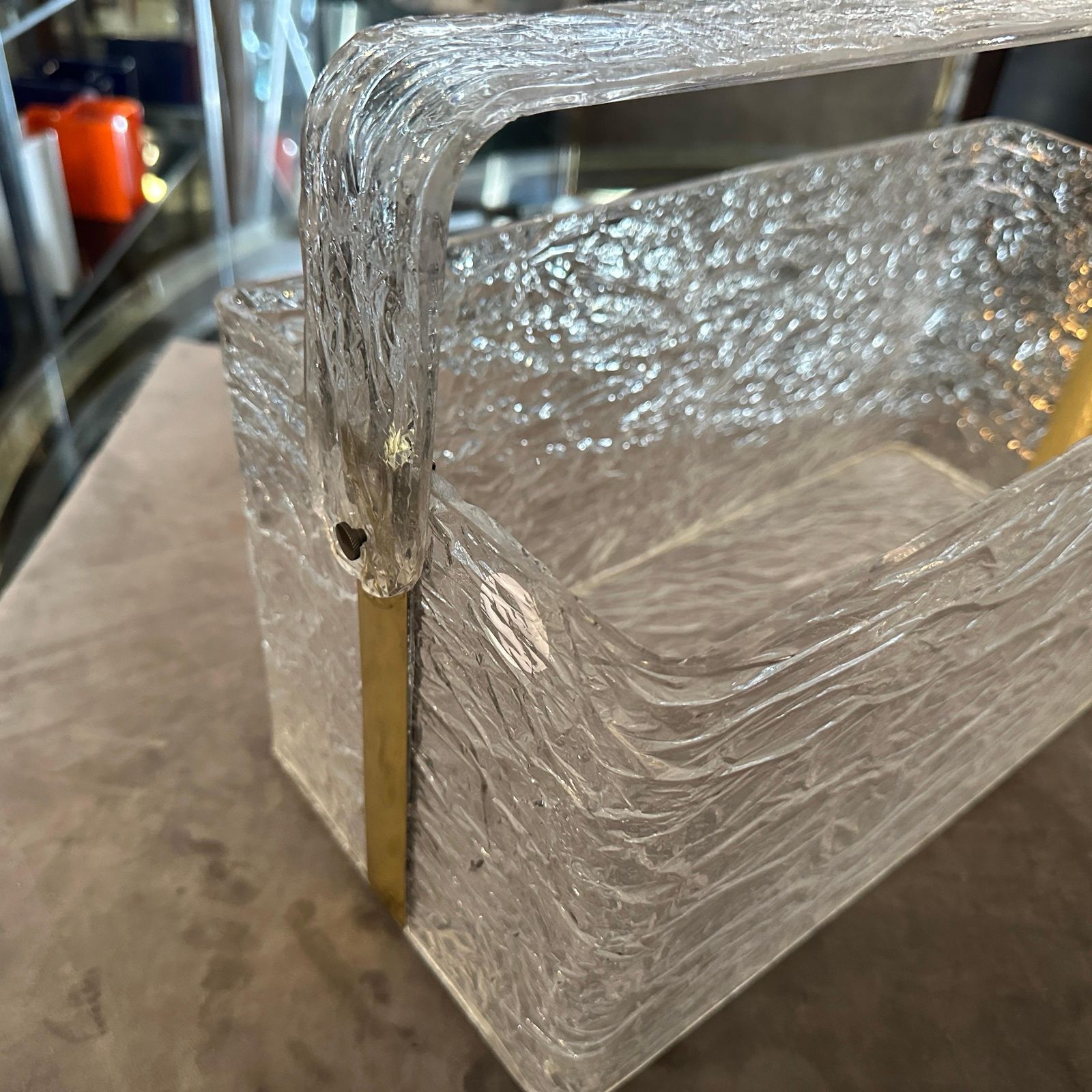 1980s Modern Iced Lucite And Brass Italian Design Magazine Rack By Cavinato photo vintage