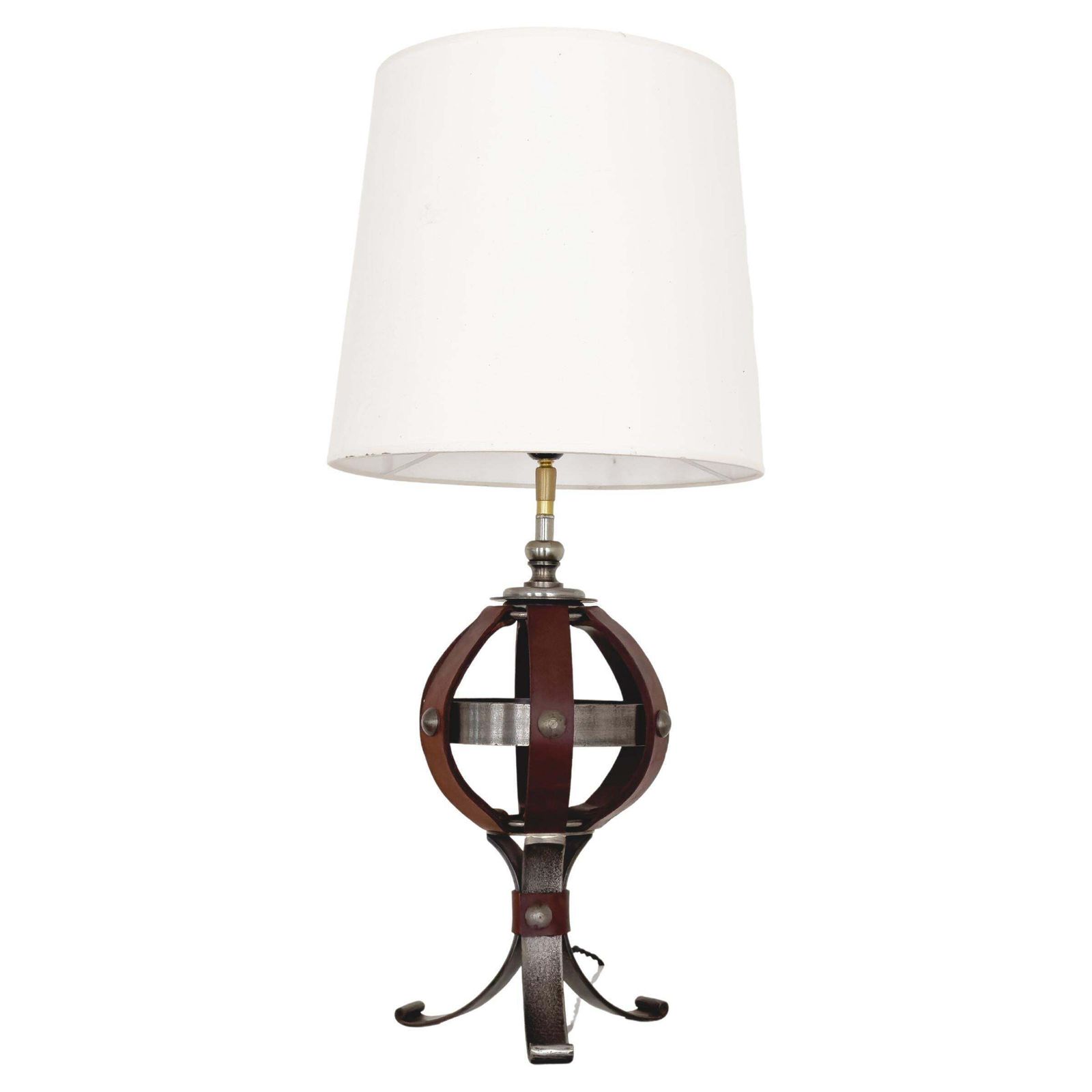 Jean Pierre Ryckaert, 20th Century Table Lamp In Burgundy Leather & Metal, 1950