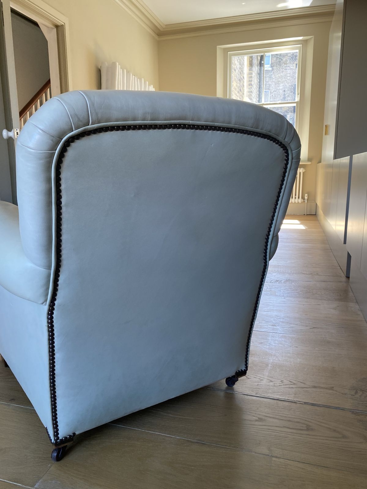 Mid Century Living Room Chair Upholstered In Duck Egg Blue Leather photo for sale