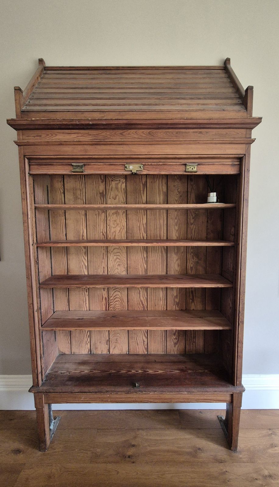 Antique Glasgow School Of Arts Wood Bookcase / Shelving W/Tambour Front 274cm H