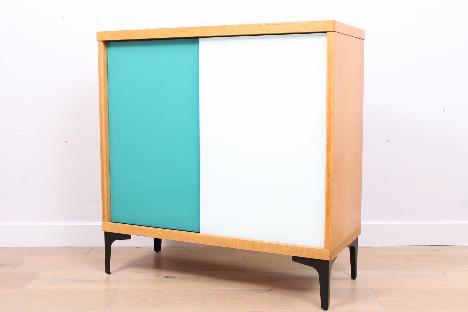 photo furniture Copy Of A Vintage Mid Century Bookcase With Teal And White Sliding Doors 2 Of 2