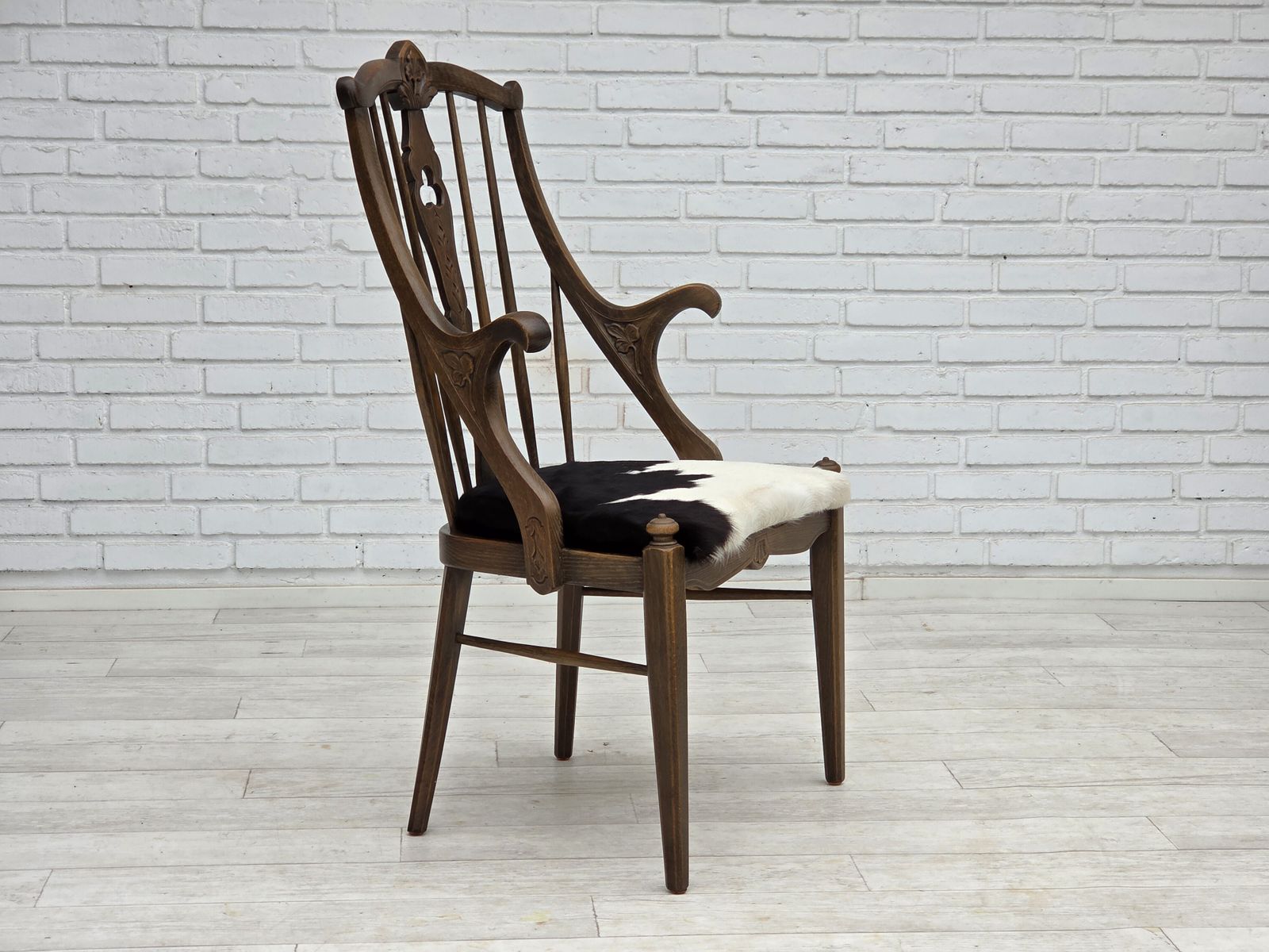 1960s, Danish High Backed Armchair, Reupholstered, Furniture Cowhide, Oak. photo vinterior