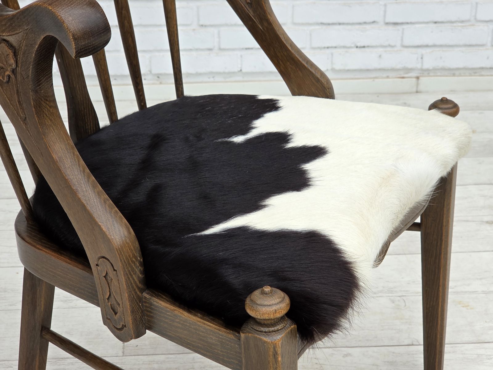 photo for sale 1960s, Danish High Backed Armchair, Reupholstered, Furniture Cowhide, Oak.