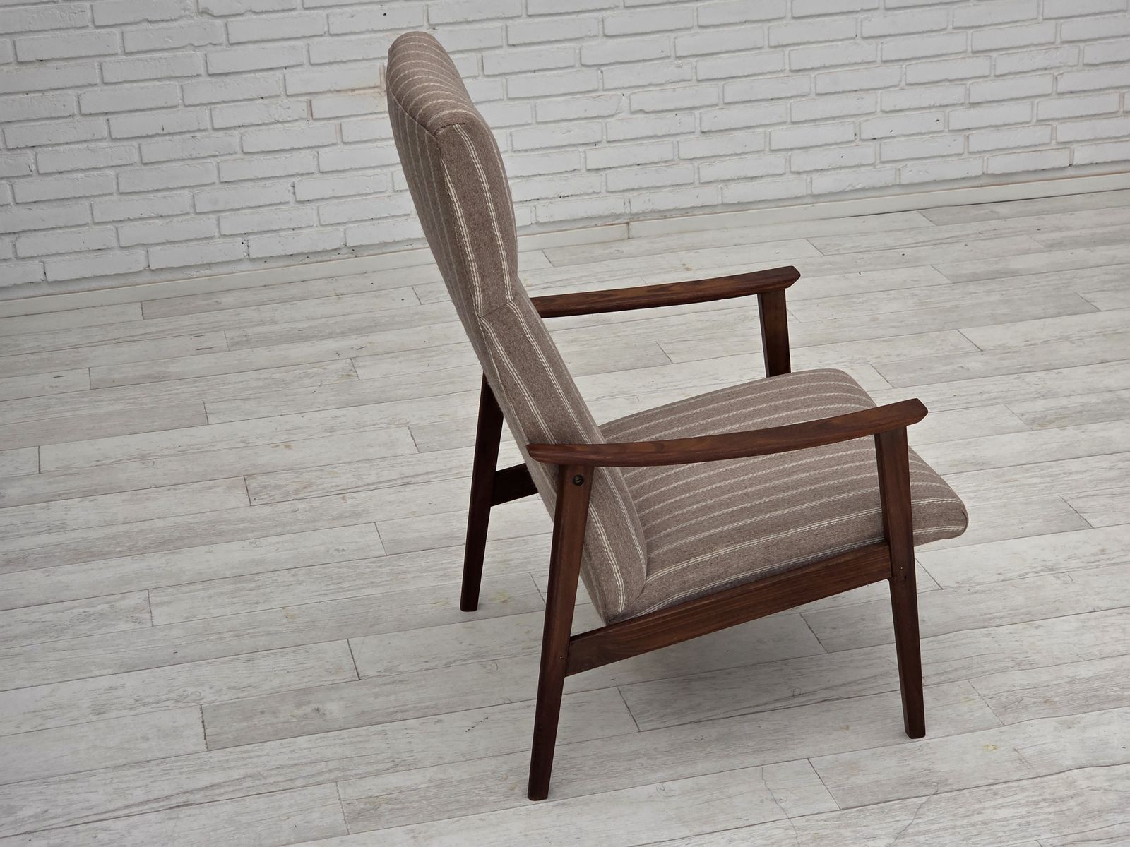 photo for sale 1970s, Danish Highback Armchair, Furniture Wool, Teak Wood, Original Condition.