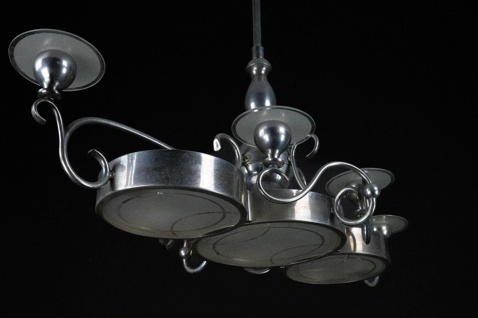 Lighting Art Deco Italian Chandelier In Nickel Brass And Frosted Glass, 1930s photo