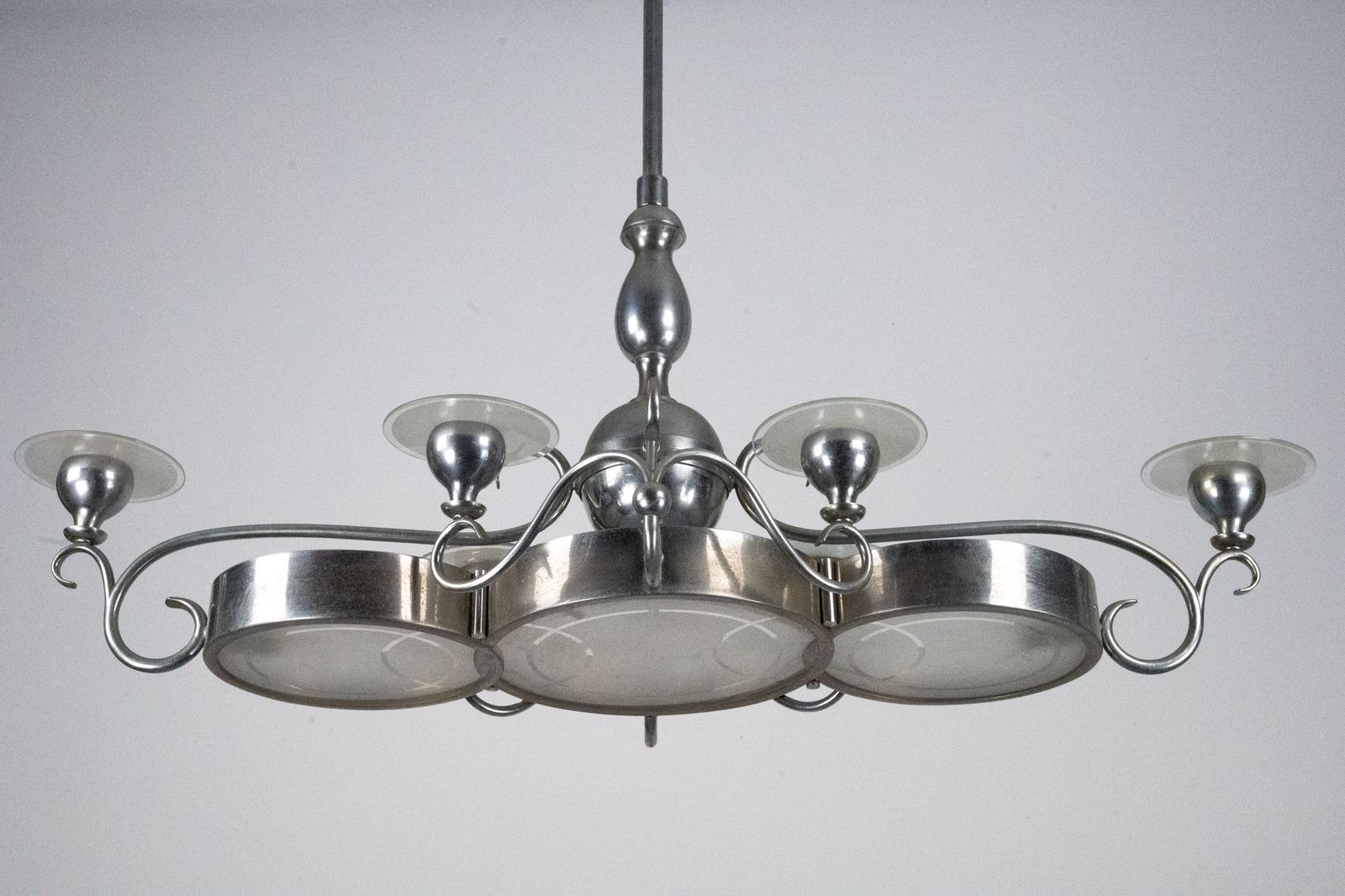 6240.0 Art Deco Italian Chandelier In Nickel Brass And Frosted Glass, 1930s photo