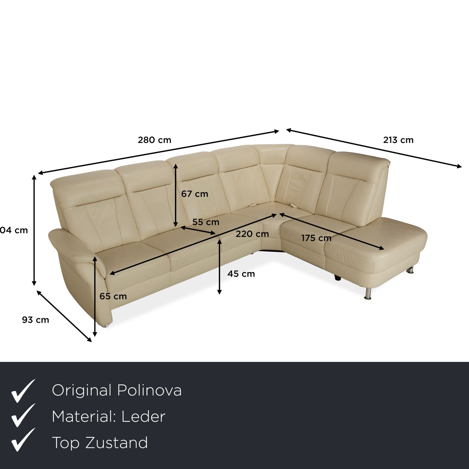Canapé d'angle Polinova en cuir crème, fonction manuelle photo furniture