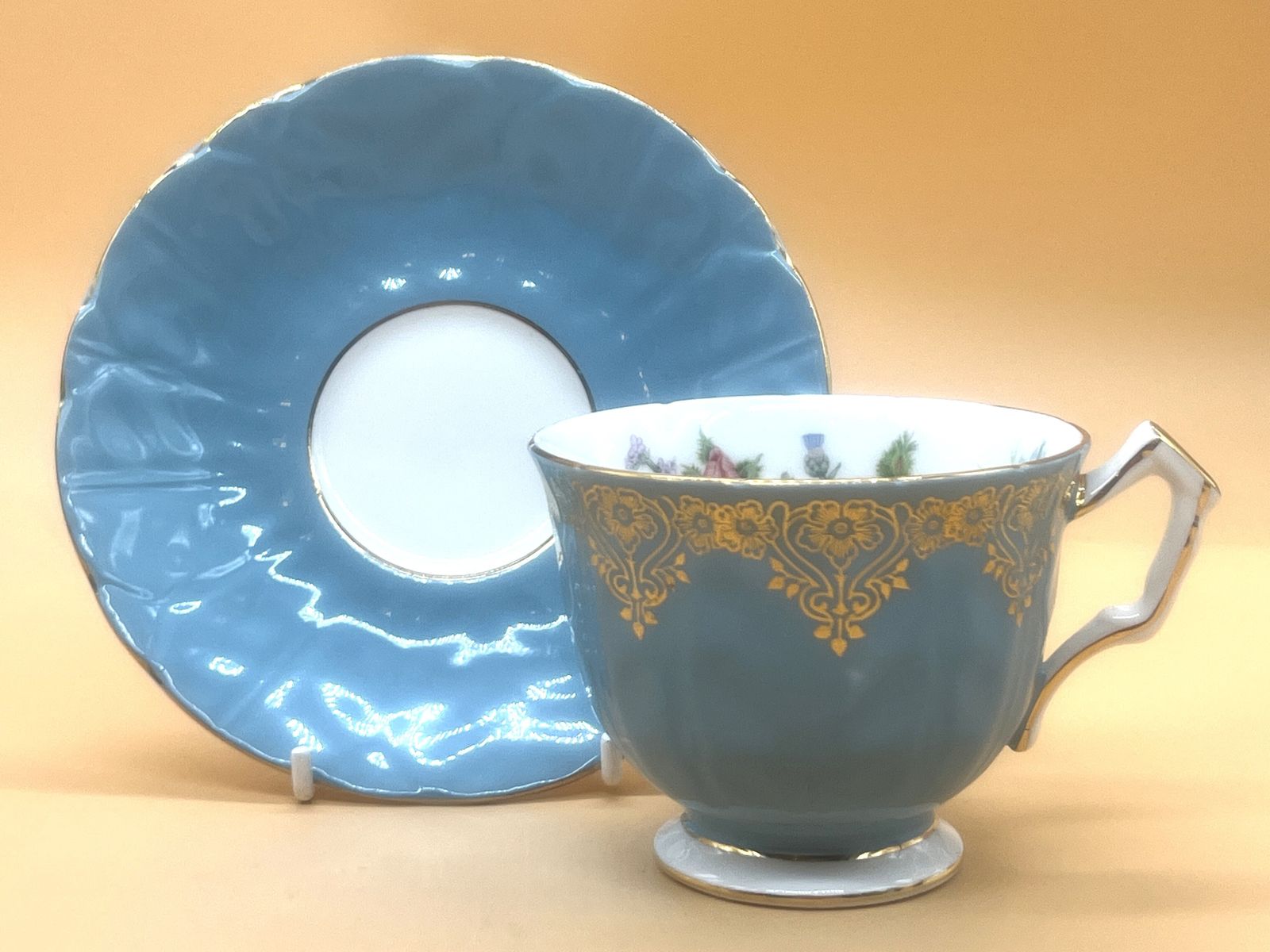 Aynsley China Crocus Shape Wild Tudor Turquoise Cabinet Tea Cup & Saucer Duo. photo for sale
