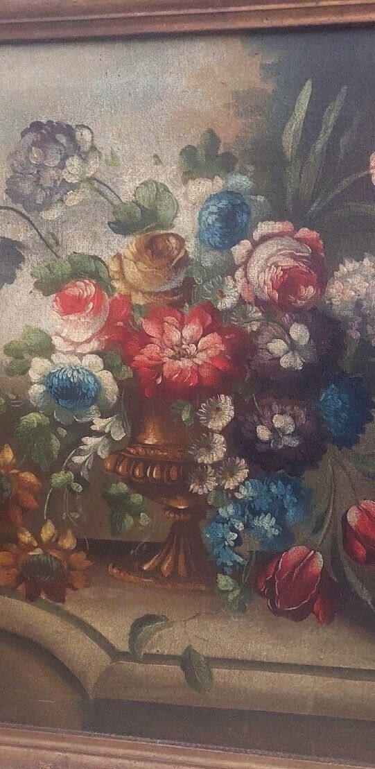 Oil Painting On Canvas Still Life With Flowers Early 19th Century Italy photo vintage