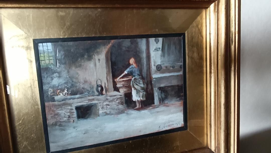 Oil On Tablet "The Laundress" Gino Tommasi (1880 1942), First 20th Century photo vintage