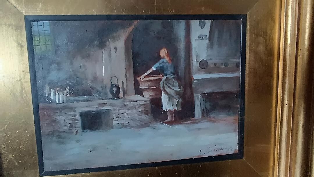 photo furniture Oil On Tablet "The Laundress" Gino Tommasi (1880 1942), First 20th Century