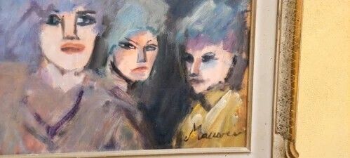 Art Mino Maccari Oil Pressed Cardboard 30x40 Three Female Figures photo