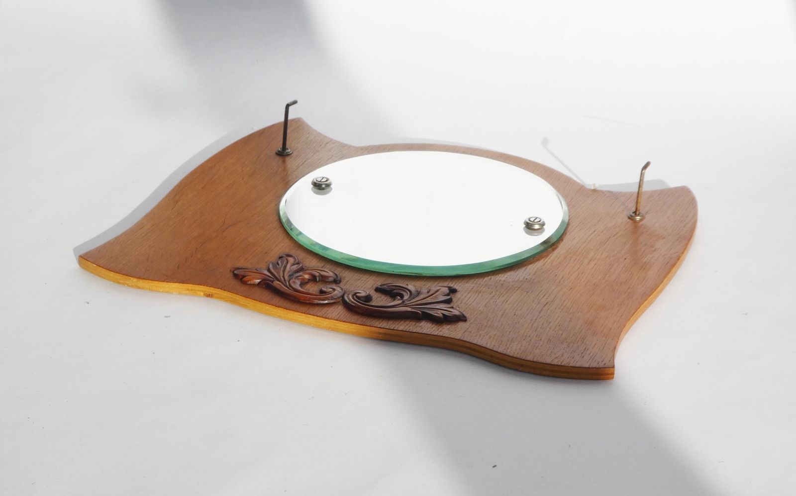 Old Wooden Wall Mirror With Hooks, Ornate Small Vanity Round Mirror, Floral Carved Wall Hanging, Farmhouse Decor photo buy