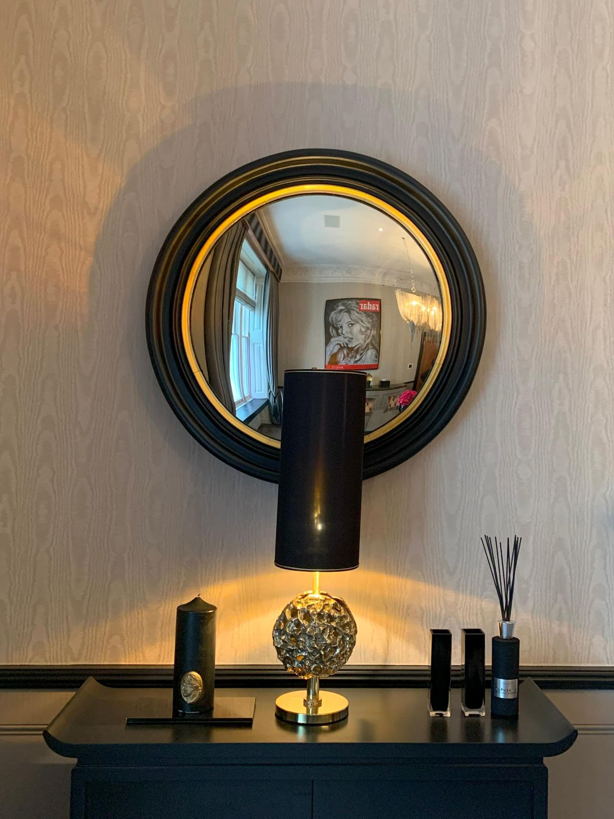 Convex Regency Style Mirrors, Black And Gilt, Pair, England, 1890s photo for sale