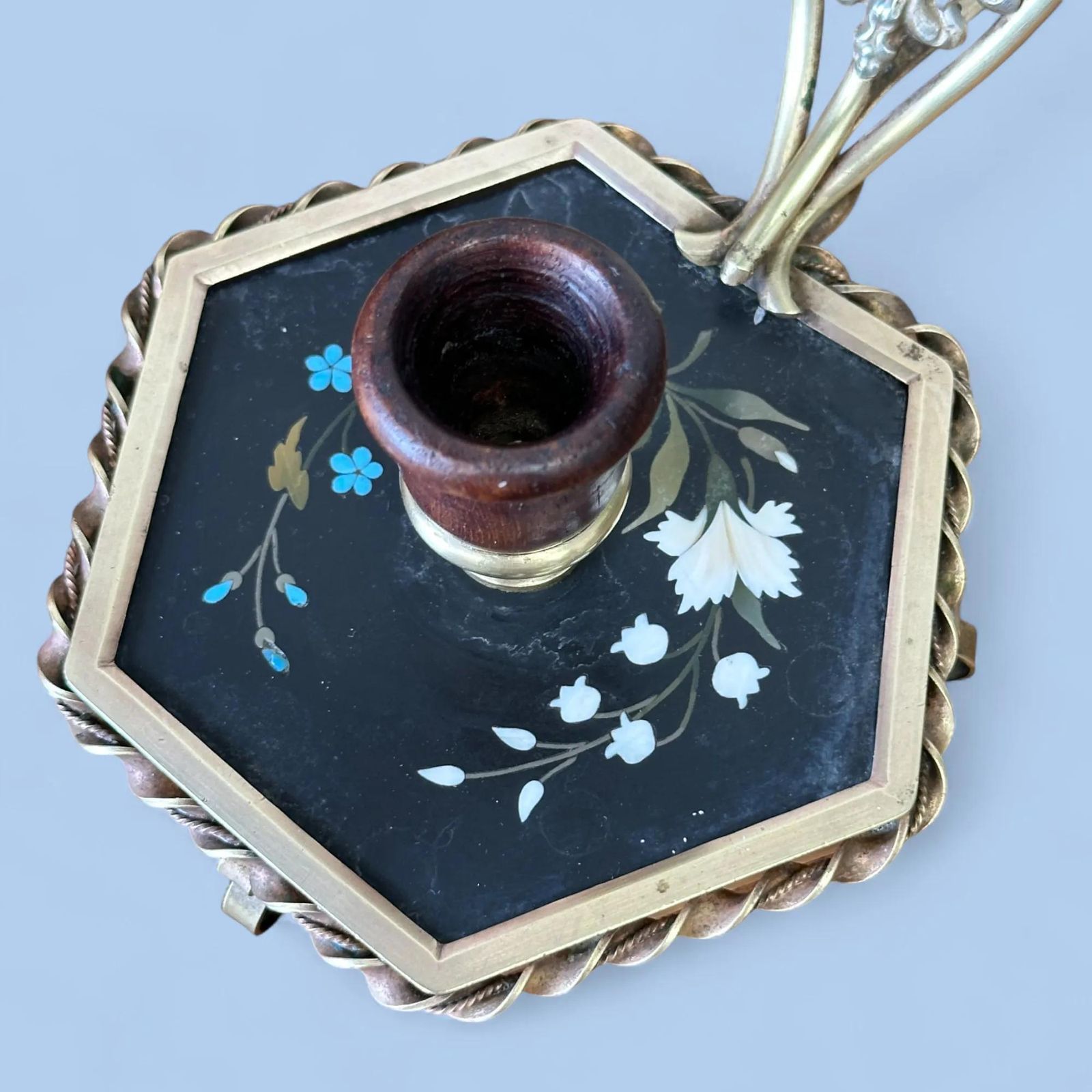 Rare 19th Century French Pietra Dura Chamberstick, Floral Inlay Brass Candle Holder photo vinterior