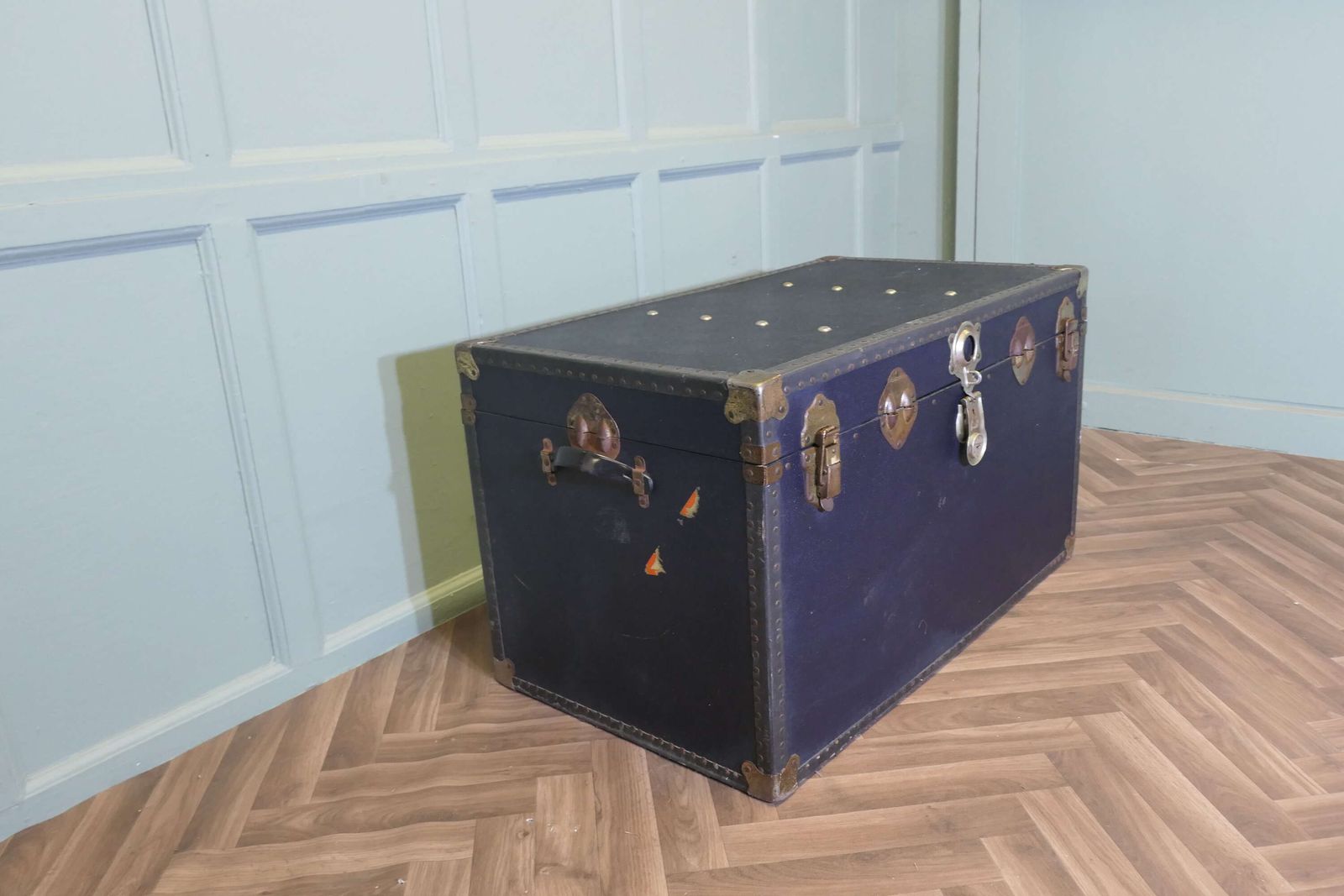 Large Vintage Faux Leather Studded Travel Trunk photo Furniture