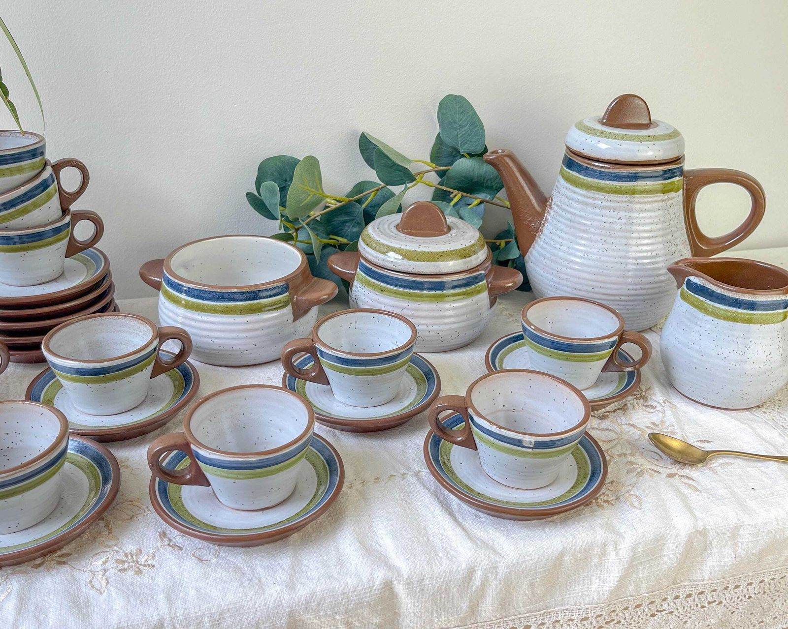 Vintage 1950s Speckled Stoneware Coffee Set In Gray With Green And Blue Stripes   Vintage Stoneware Coffee Cups   Vintage Stoneware Teapot