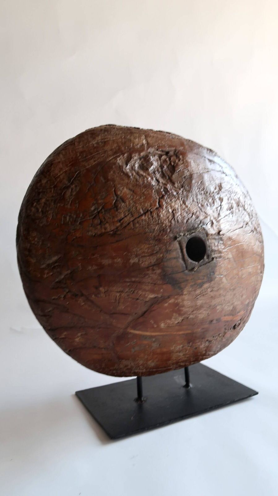 Antique Wooden Wheel On A Metal Base, Circa 18th Century photo for sale