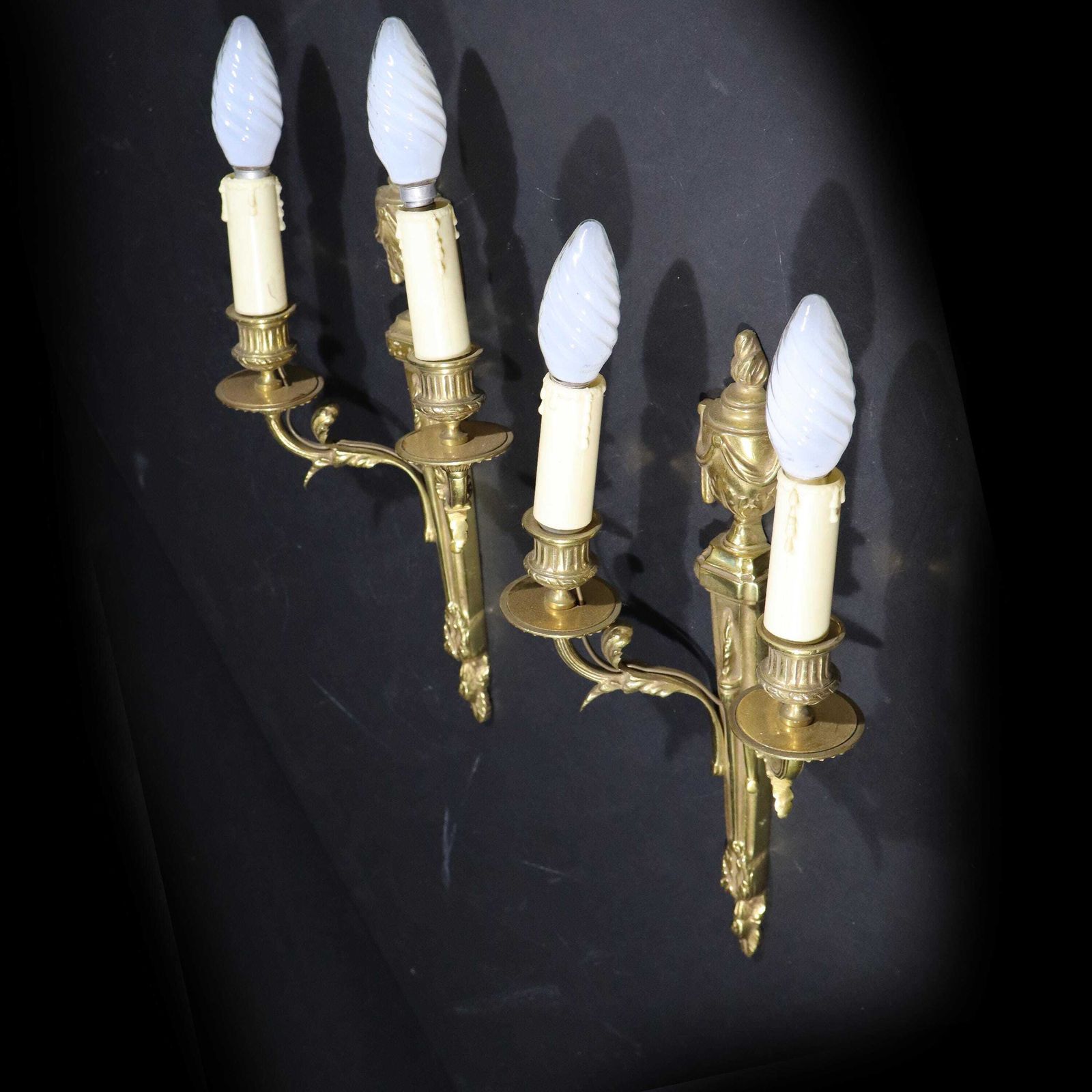 Pair Of French Gilt Bronze Wall Mounted Sconces Louis XV Style Wall Lights With Lampshades photo 798.0