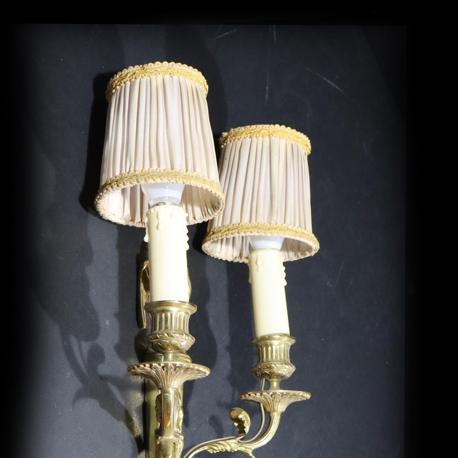 Pair Of French Gilt Bronze Wall Mounted Sconces Louis XV Style Wall Lights With Lampshades photo vinterior