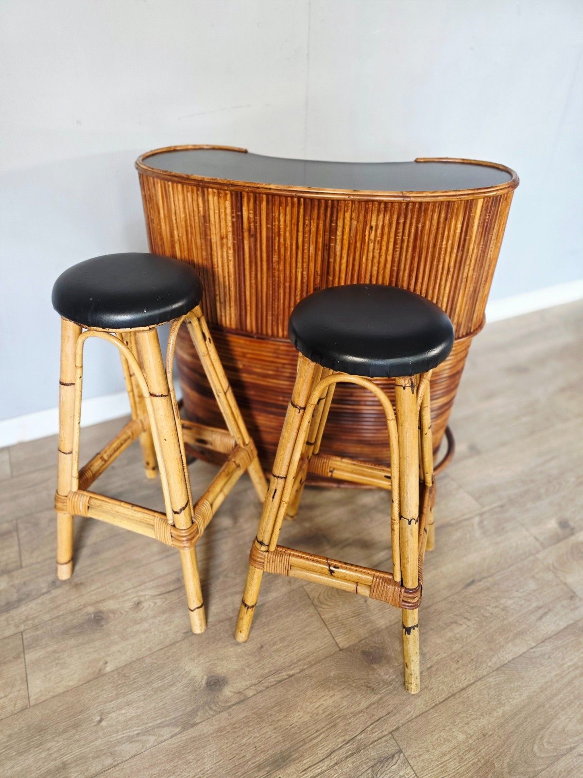 1970 Bamboo Tiki Bar With 2 Bar Stools photo furniture