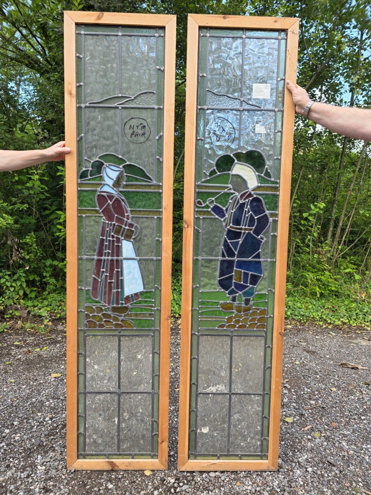1930 Antique Leaded Glass Window With Dutch Boy And Girl Design photo furniture