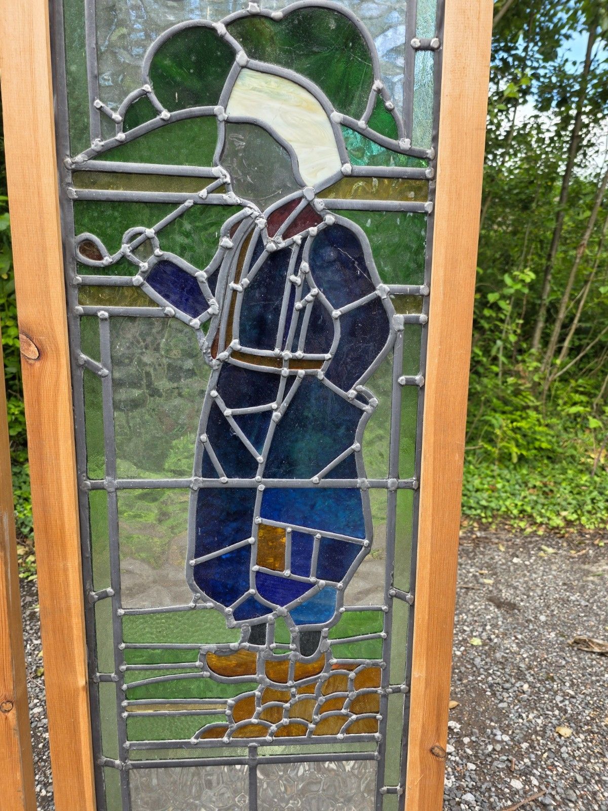 1930 Antique Leaded Glass Window With Dutch Boy And Girl Design photo Art