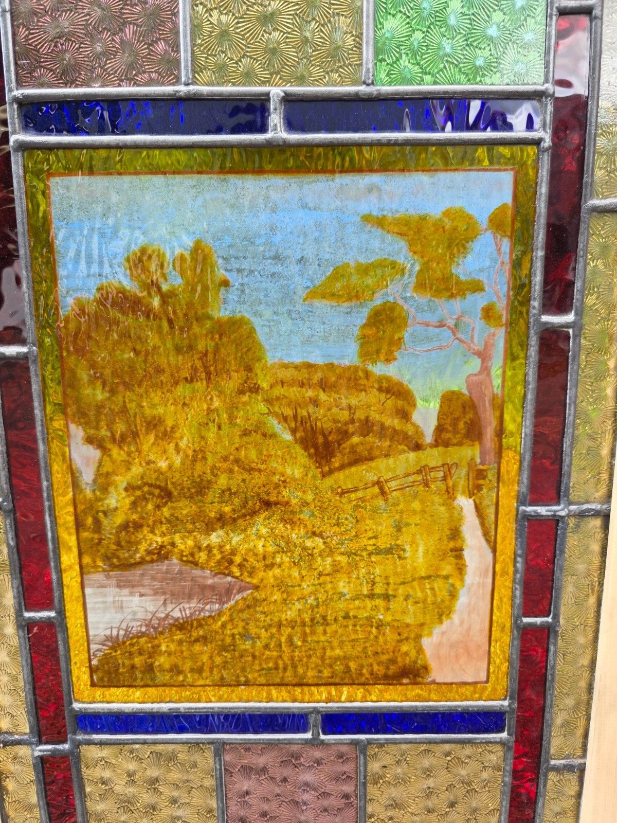1900 Antique Leaded Glass Window With Countryside Scene photo furniture