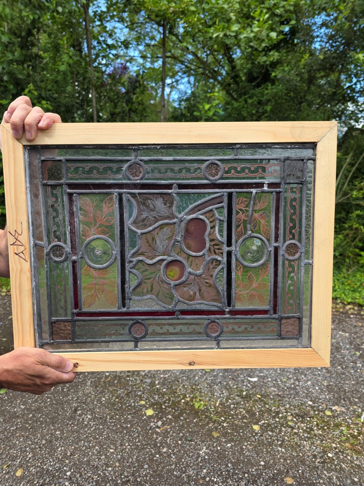 1890 Antique Leaded Glass Window With Hand Painted Fruit Design And Clear...