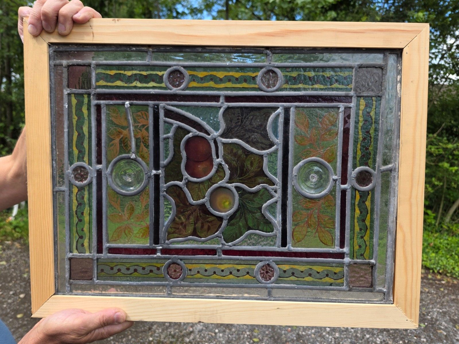 1890 Antique Leaded Glass Window With Hand Painted Fruit Design And Clear... photo buy
